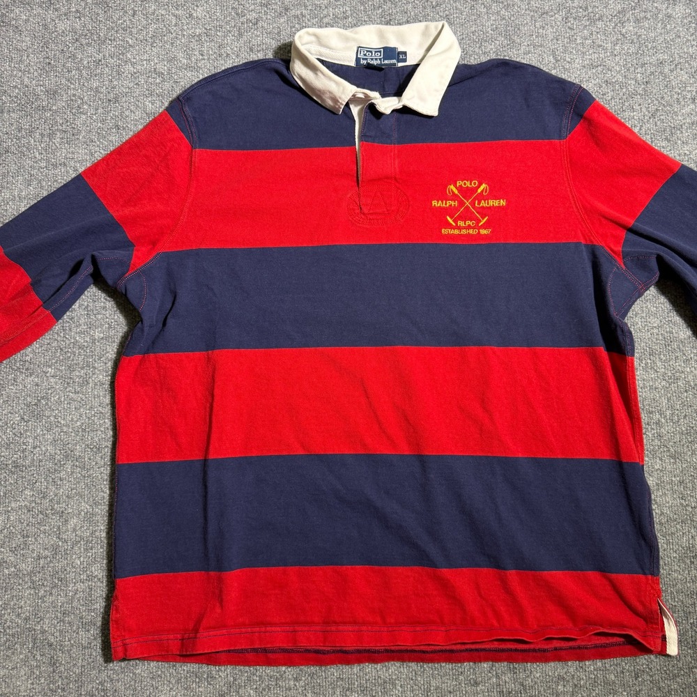Vintage Polo Ralph Lauren Mens XL Rugby Shirt Red Navy Blue Striped Long Sleeve - Picture 4 of 9